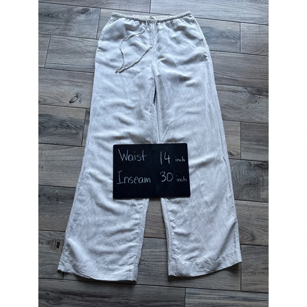 H&M Linen Wide Leg Pants Women XS Beige Drawstring Coastal Beach Minimalist Boho